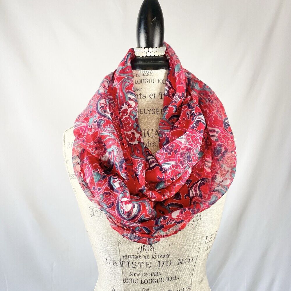 Red Paisley Infinity Scarf Wide Circle Loop Soft Lightweight Flower Long